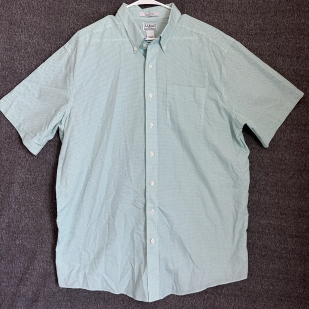 LL Bean Shirt Mens Tall White Green Plaid Traditional Fit Short Sleeve Sz XL